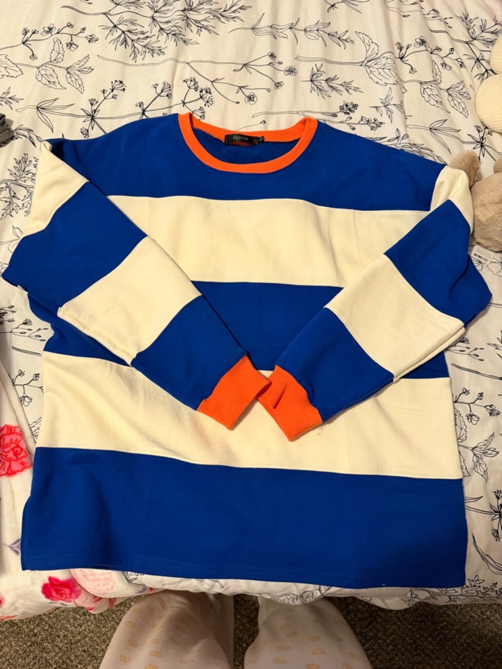 Striped Blue & Cream Crewneck Sweater with Orange Trim